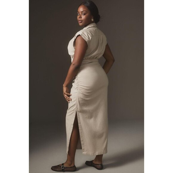 NWT Anthropologie Cap-Sleeve V-Neck Dress 2X Midi $168 Linen Blend Tan - Picture 2 of 8